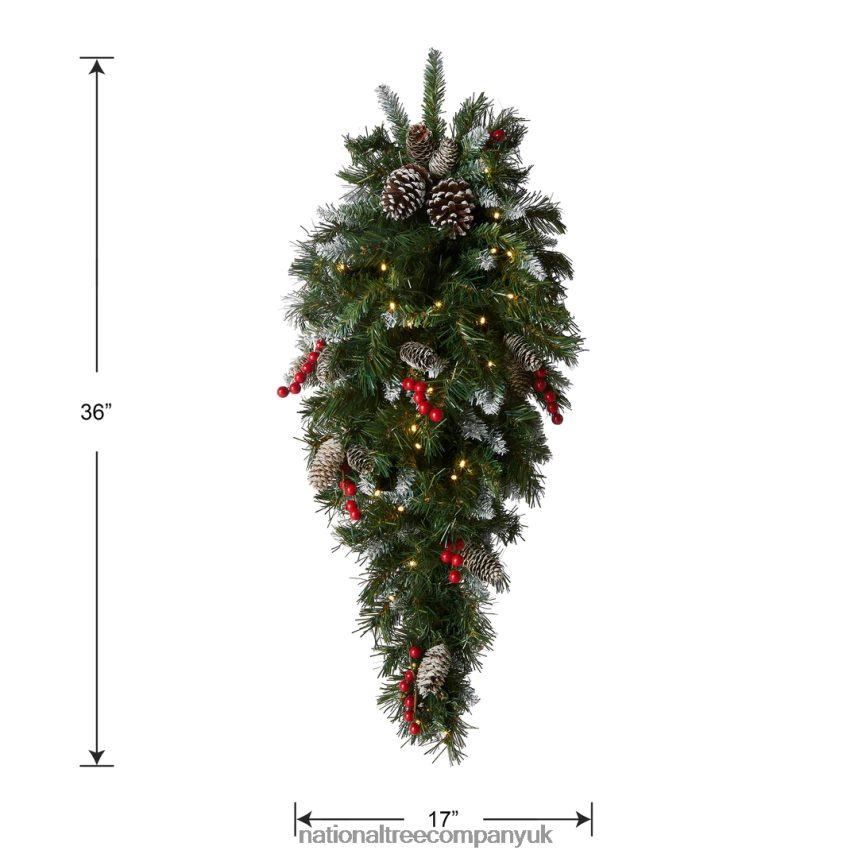Greenery | National Tree Company Pre-Lit Artificial Christmas Teardrop Green Frosted Berry White Lights Decorated with Pine Cones Berry Clusters Frosted Branches Christmas Collection 36 Inches